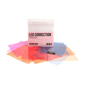 LEE Filters Zircon LED Correction Lighting Gel Pack with a white pouch labeled 'LED CORRECTION' and several translucent color correction gel sheets in pink, orange, yellow, blue, and purple arranged in front on a white background.